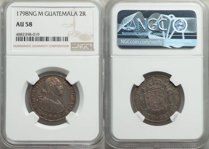 Charles IV 2 Reales 1798 NG-M AU58 NGC, Guatemala City mint, KM51. Olive-gray to...