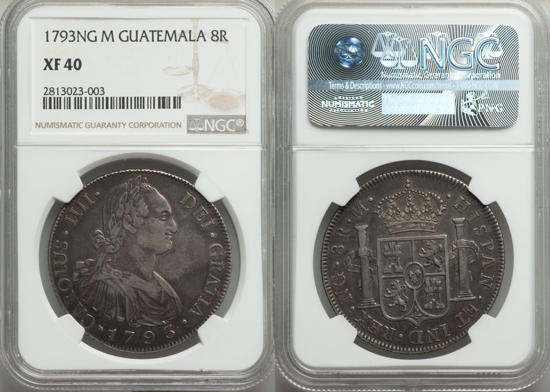 Charles IV 8 Reales 1793 NG-M XF40 NGC, Guatemala City mint, KM53. Nicely toned ...