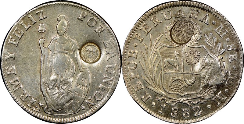Republic Counterstamped 8 Reales ND (1840) AU53 NGC, KM120.3. Type I-III. Counte...