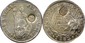 Republic Counterstamped 8 Reales ND (1840) AU53 NGC, KM120.3. Type I-III. Counterstamp, Sun above three volcanos in 6.5mm circle reverse Sunface in st...