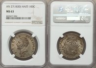 Republic 100 Centimes L'An 27 (1830) MS63 NGC, KM-A23. Very well struck for this normally crude type, subdued luster hidden by a light olive, rose and...