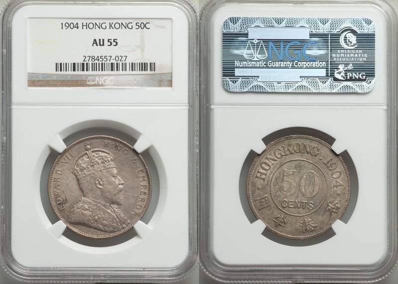 British Colony. Edward VII 50 Cents 1904 AU55 NGC, KM15. Quite appealing for the...