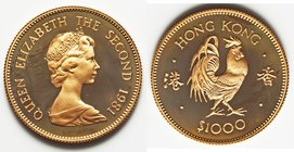 British Colony. Elizabeth II gold Proof "Year of the Rooster" 1000 Dollars 1981, KM48. 29mm. 15.97gm. Mintage: 22,000. AGW 0.4708 oz. 

HID09801242017
