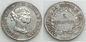 Lucca. Felix Bacciocchi & Elisa Bonaparte 5 Franchi 1807 AU (scratches), KM24.3. 37.8mm. 24.96gm. Few scratches in right field at lower part of neck. ...
