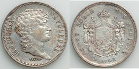 Naples & Sicily. Joachim Murat 5 Lire 1813 VF, KM259. 37.1mm. 24.93gm. Butterscotch and light blue toning, some weakness in strike to upper part of sh...