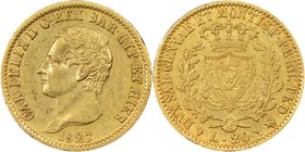 Sardinia. Carlo Felice gold 20 Lire 1827 (Eagle)-L AU55 NGC, Turin mint, KM118.1. AGW 0.1866 oz.

HID09801242017