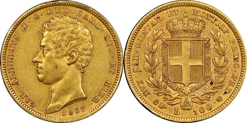 Sardinia. Carlo Alberto gold 100 Lire 1833 (Eagle)-P AU55 NGC, Turin mint, KM133...