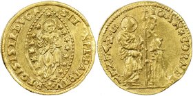 Venice. Giovanni Corner II gold Zecchino ND (1709-1722) AU58 NGC, KM481. 22mm. 3.47gm. IOAN * CORNEL • | S | • M | • V | E | N | E | T •, Doge kneelin...
