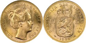 Wilhelmina gold 10 Gulden 1898 MS65 NGC, KM124. An important one year type coin. Fully brilliant with a sterling appearance. 

HID09801242017