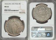Republic 8 Reales 1832 LM-MM MS62 NGC, Lima mint, KM142.3. Scarce in mint state, fully struck with light pastel toning over lustrous surfaces.

HID098...
