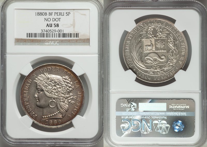 Republic 5 Pesetas 1880 B-BF AU58 NGC, Lima mint, KM201.1. Without dot behind B ...