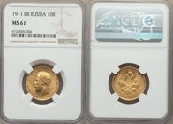 Nicholas II gold 10 Roubles 1911-ЭБ MS61 NGC, St. Petersburg mint, KM-Y64. AGW 0.2489 oz.

HID09801242017