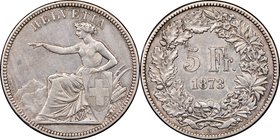 Confederation 5 Francs 1873-B XF45 NGC, Bern mint, KM11. Mintage: 30,500 making it the rarest date of type. 

HID09801242017