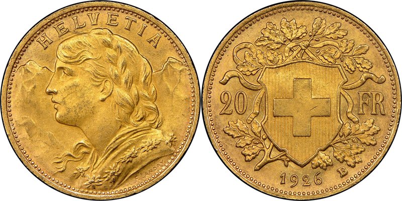 Confederation gold 20 Francs 1926-B MS64 NGC, Bern mint, KM35.1. AGW 0.1867 oz. ...