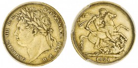 GREAT BRITAIN. George IV, 1820-30. Gold Sovereign, 1821, London. PCGS XF45. 7.99 g. 22.05 mm. Mintage: 9,405,114. S-3800. In a protective plastic hold...