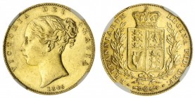 GREAT BRITAIN. Victoria, 1837-1901. Gold Sovereign, 1845, London. NGC AU58. 7.99 g. 22.05 mm. Mintage: 3,800,845. Marsh 28, S.3852. Wide date In a pro...