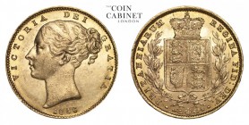 GREAT BRITAIN. Victoria, 1837-1901. Gold Sovereign, 1856, London. Extremely fine.. 7.99 g. 22.05 mm. Mintage: 4,806,160. Marsh 39; S.3852D. Extremely ...
