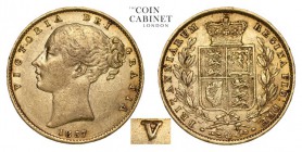 GREAT BRITAIN. Victoria, 1837-1901. Gold Sovereign, 1857, London. About very fine.. 7.99 g. 22.05 mm. Mintage: 4,495,748. Marsh 40; S.3852D. Rare vari...