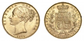 GREAT BRITAIN. Victoria, 1837-1901. Gold Sovereign, 1859, London. About extremely fine.. 7.99 g. 22.05 mm. Mintage: 1,547,603. Marsh 42; S.3852D. Abou...