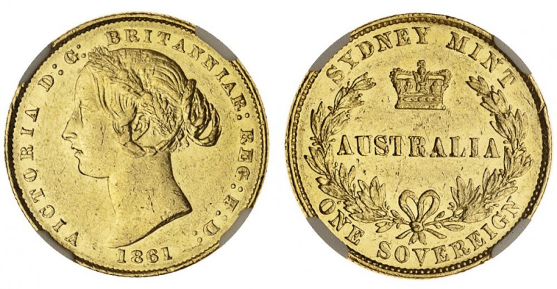 AUSTRALIA. Victoria, 1837-1901. Gold Sovereign, 1861-SY, Sydney. NGC AU58. 8.00 ...