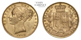 GREAT BRITAIN. Victoria, 1837-1901. Gold Sovereign, 1862, London. About extremely fine.. 7.99 g. 22.05 mm. Mintage: 7,836,413. Marsh 45, S.3852D. Wide...