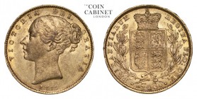 GREAT BRITAIN. Victoria, 1837-1901. Gold Sovereign, 1862, London. About extremely fine.. 7.99 g. 22.05 mm. Mintage: 7,836,413. Marsh 45, S.3852D. Narr...