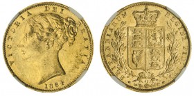 GREAT BRITAIN. Victoria, 1837-1901. Gold Sovereign, 1864, London. NGC AU58. 7.99 g. 22.05 mm. Mintage: 8,656,353. Marsh 49, S.3853. In a protective pl...