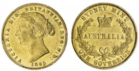AUSTRALIA. Victoria, 1837-1901. Gold Sovereign, 1865-SY, Sydney. PCGS AU58. 8.00 g. 22.05 mm. Mintage: 2,130,500. Marsh 370; KM.4; McD.112. The 1865 d...