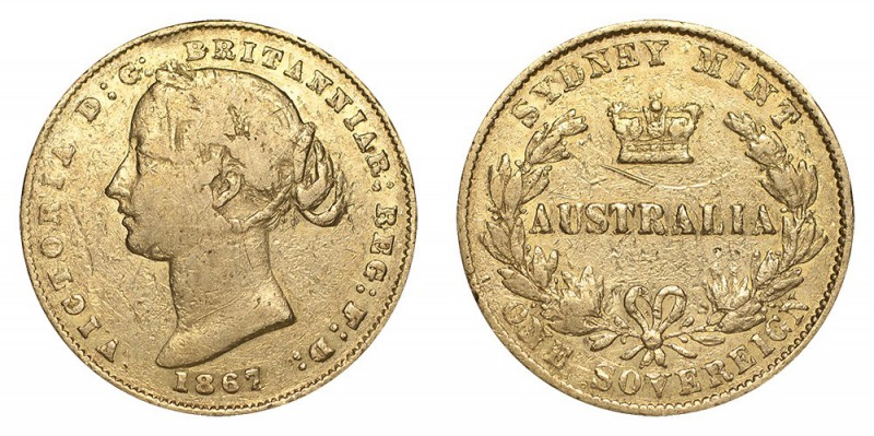 AUSTRALIA. Victoria, 1837-1901. Gold Sovereign, 1867-SY, Sydney. About fine.. 7....