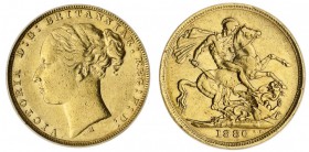 AUSTRALIA. Victoria, 1837-1901. Gold Sovereign, 1880-M, Melbourne. CGS 35. 7.99 g. 22.05 mm. Mintage: 3,053,454. Marsh 102; S.3857. Young head, St. Ge...