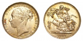 AUSTRALIA. Victoria, 1837-1901. Gold Sovereign, 1887-S, Sydney. Almost extremely fine.. S-3858E. Young head, St. George reverse. WW complete on trunca...