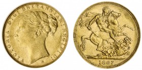 AUSTRALIA. Victoria, 1837-1901. Gold Sovereign, 1887-M, Melbourne. CGS 45. 7.99 g. 22.05 mm. Mintage: 1,916,424. Marsh 109; S-3857-C. Young head, St. ...