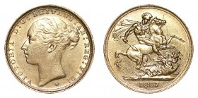 AUSTRALIA. Victoria, 1837-1901. Gold Sovereign, 1887-S, Sydney. Very fine.. 7.99 g. 22.05 mm. S-3858E. Young head, St. George reverse. WW complete on ...