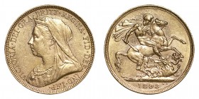 AUSTRALIA. Victoria, 1837-1901. Gold Sovereign, 1893-M, Melbourne. About extremely fine.. 7.99 g. 22.05 mm. Mintage: 1,346,000. Marsh 153; S-3875. Old...