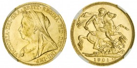 AUSTRALIA. Victoria, 1837-1901. Gold Sovereign, 1901-S, Sydney. NGC MS64. 7.99 g. 22.05 mm. Mintage: 3,012,000. Marsh 170, S.3877. Tied for finest gra...