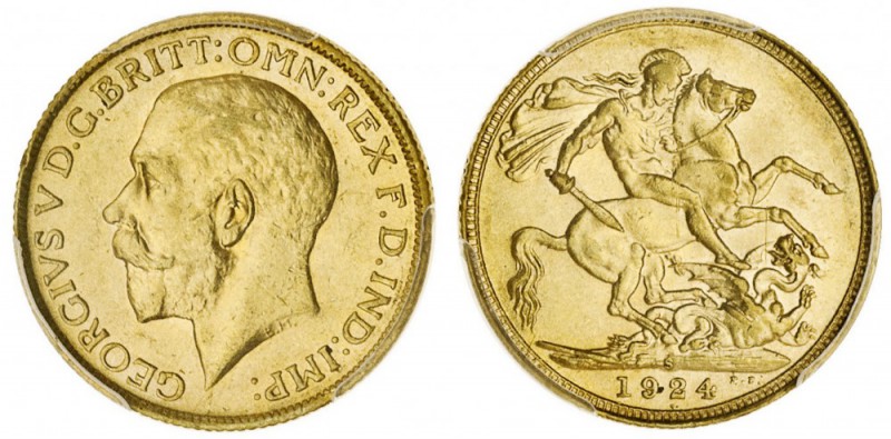 AUSTRALIA. George V, 1910-36. Gold Sovereign, 1924-S, Sydney. PCGS MS62. 7.99 g....