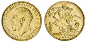 AUSTRALIA. George V, 1910-36. Gold Sovereign, 1924-S, Sydney. PCGS MS62. 7.99 g. 22.05 mm. Mintage: 394,000. S-4003. Ezen collection'. A rare date, es...