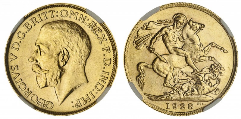 SOUTH AFRICA. George V, 1910-36. Gold Sovereign, 1928-SA, Pretoria. NGC MS64. 7....