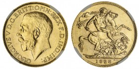 SOUTH AFRICA. George V, 1910-36. Gold Sovereign, 1928-SA, Pretoria. NGC MS64. 7.99 g. 22.05 mm. Mintage: 18,235,057. Marsh 292, S-4004. In a protectiv...