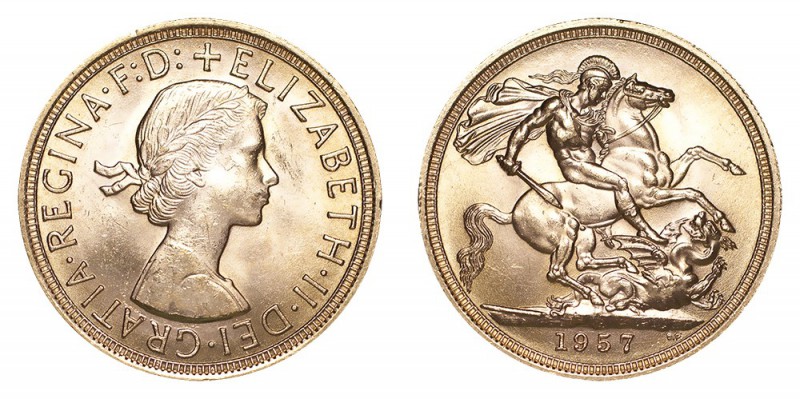 GREAT BRITAIN. Elizabeth II, 1953-. Gold Sovereign, 1957, London. About uncircul...
