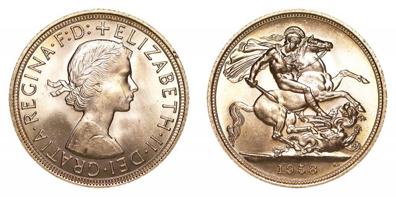 GREAT BRITAIN. Elizabeth II, 1953-. Gold Sovereign, 1958, London. About uncircul...
