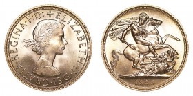 GREAT BRITAIN. Elizabeth II, 1953-. Gold Sovereign, 1958, London. About uncirculated.. 7.99 g. 22.05 mm. Mintage: 8,700,000. S-4125. About uncirculate...