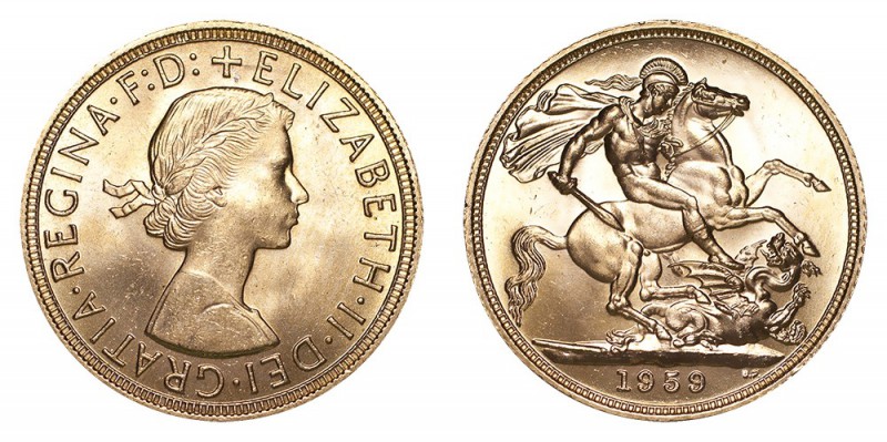 GREAT BRITAIN. Elizabeth II, 1953-. Gold Sovereign, 1959, London. About uncircul...