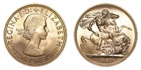 GREAT BRITAIN. Elizabeth II, 1953-. Gold Sovereign, 1959, London. About uncirculated.. 7.99 g. 22.05 mm. Mintage: 1,385,228. S-4125. About uncirculate...