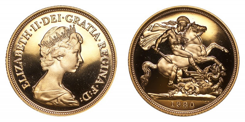 GREAT BRITAIN. Elizabeth II, 1952-. Gold Proof Sovereign, 1980, London. Fleur-de...