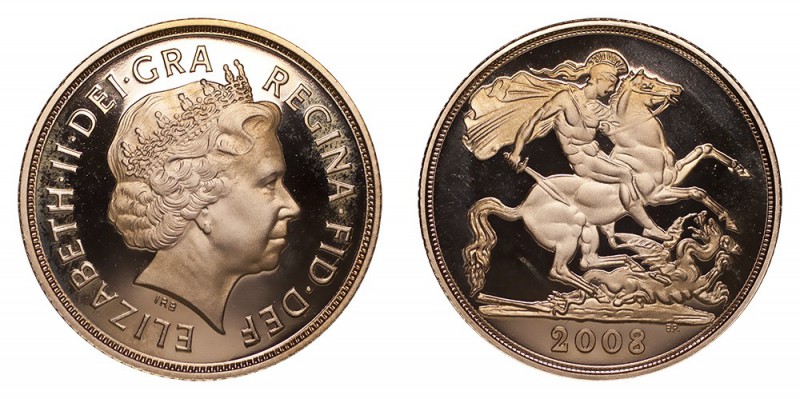 GREAT BRITAIN. Elizabeth II, 1952-. Gold Proof Sovereign, 2008, London. Fleur-de...