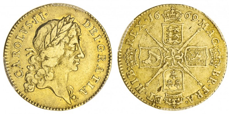 Charles II, 1660-85. Gold Guinea, 1669, London. PCGS AU50. 8.45 g. 25 mm. S-3342...
