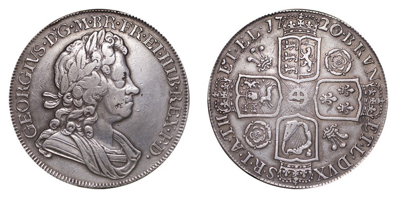 George I, 1714-27. Crown, 1720, London. Very fine.. 29.99 g. S-3639. Edge SEXTO....