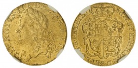 George II, 1727-60. Gold Guinea, 1758, London. NGC AU Det. 8.40 g. 25 mm. KM# 588; S-3680. AU Details 'Saltwater damage'. The coin appears matte. In a...