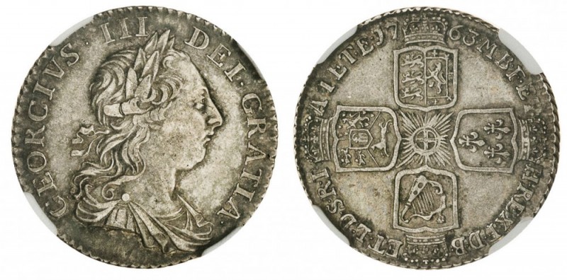 George III, 1760-1820. Shilling, 1763, Dublin. NGC AU50. 6.00 g. 25 mm. Mintage:...